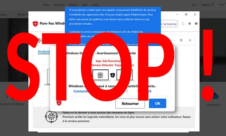 Alerte arnaque support technique Windows — message d’avertissement de sécurité en rouge — comment reconnaître et éviter les fausses alertes de virus avec CAM-IT